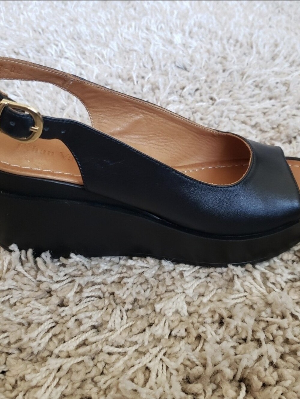 Ethan Valdes Shoe Size 39 Black Open Peep Toe Slingback Buckle Wedge Heel Womans